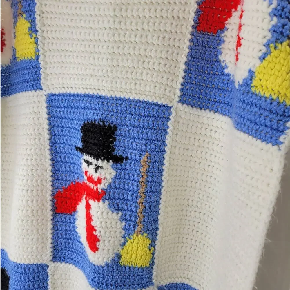 Handmade Snowman Crochet Patchwork Lap Small Blanket